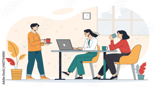 Coworkers enjoying a coffee break in a modern office, perfect for a blog post about workplace culture.