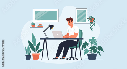 Man working from home on laptop, surrounded by plants. Ideal for blogs about remote work, productivity, or home offices.