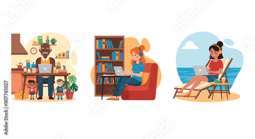 Remote Work: Diverse People Working from Different Locations - Perfect for blogs, articles, and presentations on flexible work.