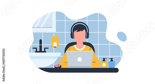 Person working from home in a bathroom, perfect for articles on remote work or work-life balance.
