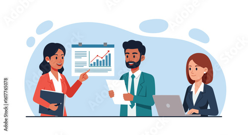 Diverse business team presenting growth chart, perfect for landing pages and brochures.