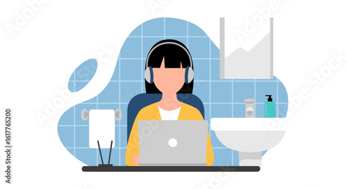 Woman working from home, using laptop in bathroom. Perfect for blog posts about remote work, work-life balance, or flexible work arrangements.
