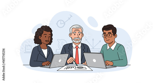 Diverse business team collaborating on laptops, perfect for website banners or presentations.