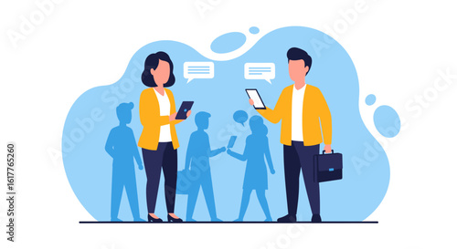 Business professionals communicating using digital devices, ideal for presentations or website banners.