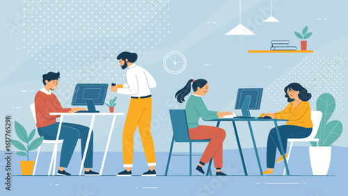 Diverse team of coworkers working on computers in a modern office. Ideal for illustrating teamwork, collaboration, and modern workplace concepts.