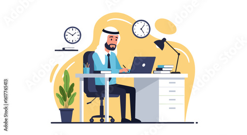 Arab businessman working on laptop in modern office, perfect for website banners or business presentations.