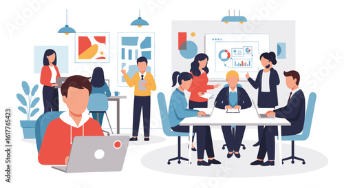 Diverse team collaborating in a modern office, perfect for website banners or presentations.