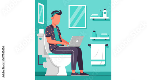Man working on laptop while sitting on toilet in bathroom - Illustration for blog post, social media.