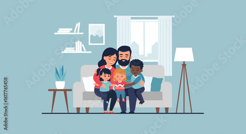 Happy diverse family sitting on a couch together, perfect for family, togetherness, and home concepts. Ideal for websites, brochures, and social media.