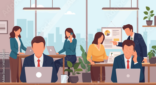 Busy Office Workers Collaborating on Projects, Ideal for Business Websites and Presentations