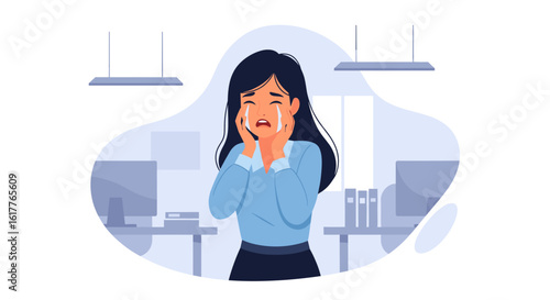 Upset businesswoman crying at work, suitable for articles on workplace stress and mental health.