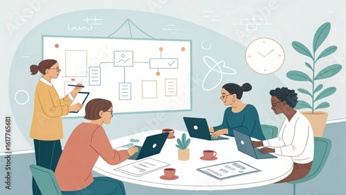 Diverse team of women collaborating on a project, perfect for illustrating teamwork and modern business.