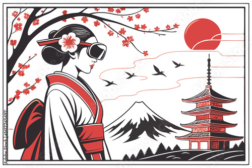 Geisha in Kimono with Pagoda and Mount Fuji Traditional Japan Landscape Beautiful Japanese Scenery Illustration