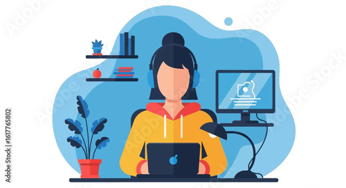 Woman working from home on laptop and desktop computer. Perfect for blog posts, websites, and articles about remote work.