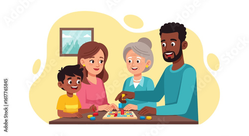 Multigenerational family playing a board game together at home. Perfect for articles about family bonding, intergenerational activities, or game nights.