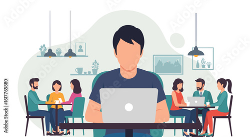 Man working on laptop in a cafe, surrounded by colleagues; ideal for illustrating remote work, coworking spaces, or freelance lifestyle.