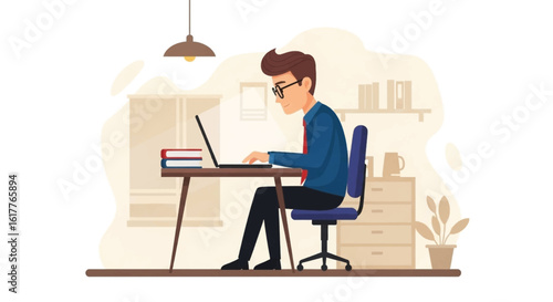 Businessman working on laptop in modern office, perfect for website landing page or brochure design.