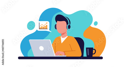 Person using laptop with headphones, showing growth chart - perfect for website banners, presentations, or blog posts about business success.