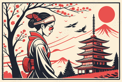 Elegant Japanese Woman in Kimono with Temple and Mountain Background Artful Japanese Scene