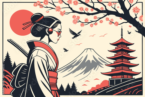 Serene Japanese Landscape with Geisha Mount Fuji and Pagoda Illustration for Culture and Travel Concepts Asian Art