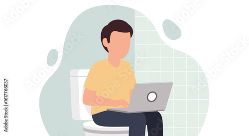 Man working on laptop while sitting on toilet - Illustration for articles about work-life balance, remote work challenges, or humor.