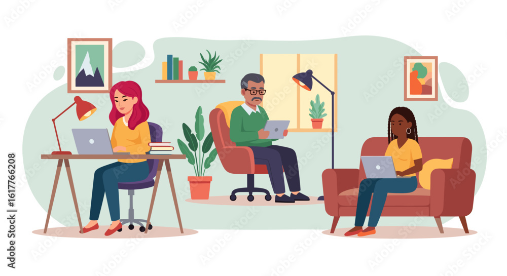Fototapeta premium Diverse team working remotely from home, perfect for illustrating work-from-home concepts, telecommuting, or remote work.