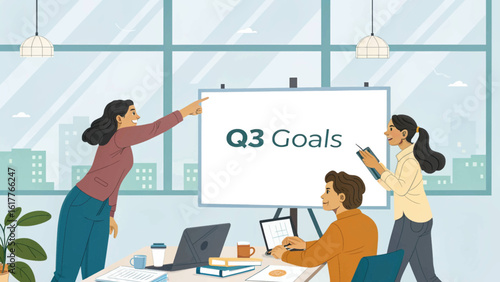 Team brainstorming Q3 goals in modern office. Perfect for business presentations, websites, and marketing materials.