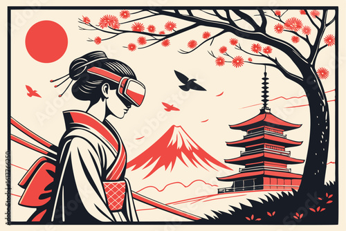 Geisha with VR Headset in Japanese Garden with Pagoda and Mount Fuji Minimalist Illustration