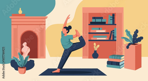 Woman practicing yoga at home, perfect for wellness websites or brochures.