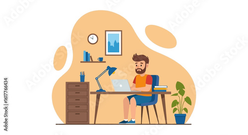Man working from home on laptop, home office illustration for website or blog.