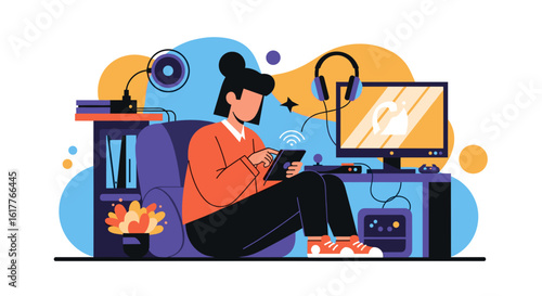 Young woman using tablet and computer at home, perfect for blogs about technology, gaming, or home life.