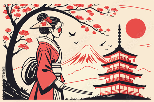 Japanese Landscape with Geisha and Mount Fuji in Vintage Style and Cherry Blossom Tree