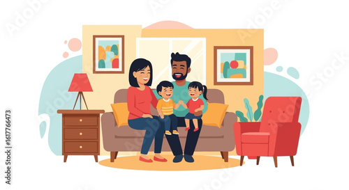 Happy family sitting on a couch in their living room, perfect for family blogs, websites, or brochures.