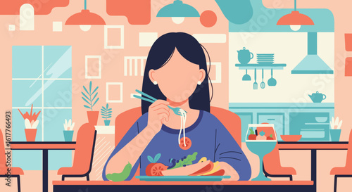Woman enjoying a healthy meal at a restaurant, perfect for a food blog or healthy eating campaign.