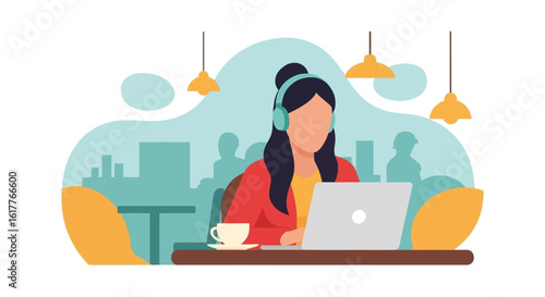 Woman working on laptop in cafe, perfect for blog posts about remote work or freelance lifestyle.