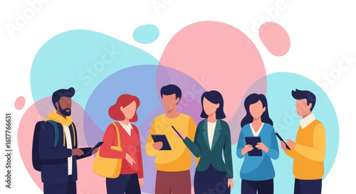 Diverse group of young people using digital devices. Ideal for websites, presentations, and marketing materials related to technology, communication, and teamwork.