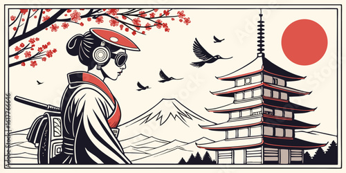 Contemporary Geisha Illustration with Japanese Landscape Featuring Mount Fuji and a Pagoda Symbolizing Traditional Culture and Modern Design