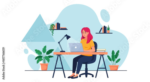 Young woman working on laptop at home office, perfect for blog post, website banner, or social media.