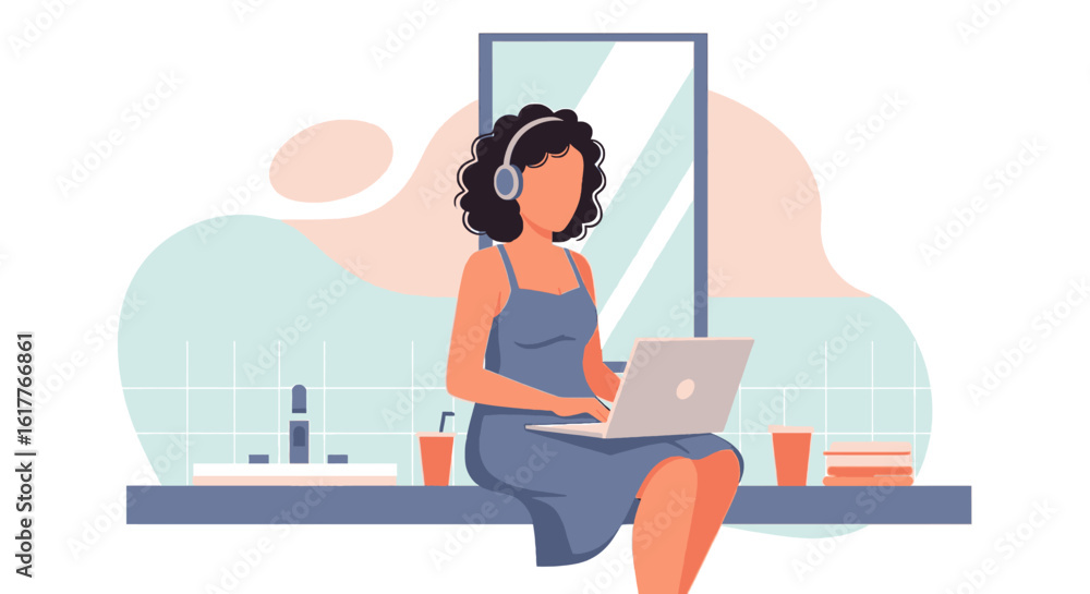 Woman working from home, using laptop and headphones. Perfect for blog posts about remote work, work-life balance, or home office setups.
