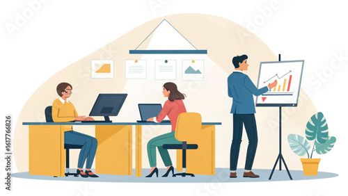 Business team collaboration: Illustration of coworkers working on laptops and reviewing a presentation, perfect for website banners or marketing materials.