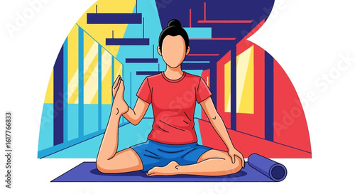 Woman doing yoga in a modern studio - perfect for health and wellness websites or brochures.