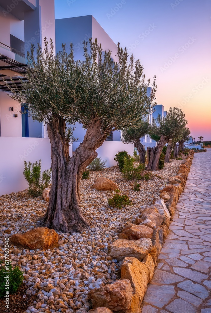 Fototapeta premium Modern white buildings, olive trees, and a stone walkway at sunset