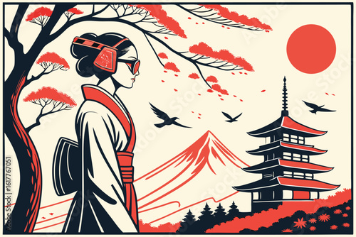 Elegant Geisha in Kimono with Mount Fuji and Pagoda in Traditional Japanese Artwork Style Graphic