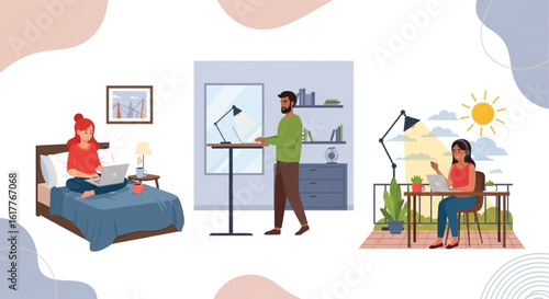 Remote Work Scenarios: Illustration of people working from home, in a standing desk, and on a balcony. Perfect for blogs, articles, and presentations about remote work.