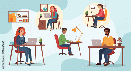 Diverse team working remotely from home offices. Illustration ideal for websites, blogs, or presentations on remote work.