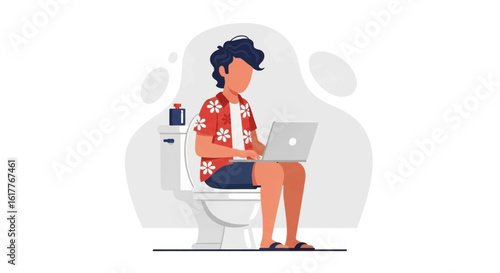 Illustration of a person working on a laptop while sitting on the toilet, perfect for articles about work-life balance or remote work.