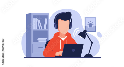 Young man works from home, using laptop and headphones. Perfect for blogs, websites and articles about remote work.