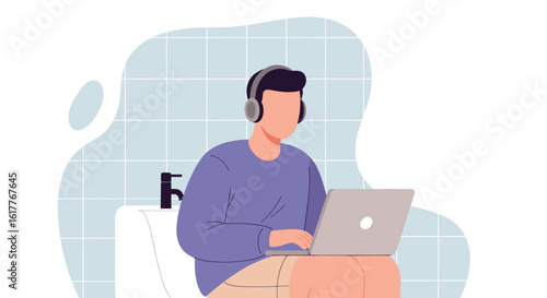 Man working on laptop while sitting on toilet - illustration for blog post, article or social media.