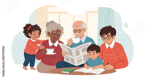 Multigenerational family enjoying time together at home, perfect for family, togetherness, and generational themes.