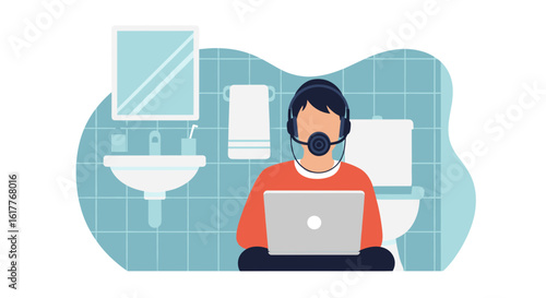 Person working on laptop in bathroom, perfect for illustrating work-life balance or remote work challenges.